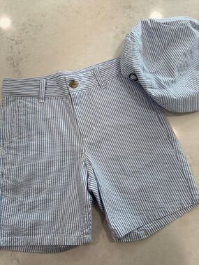 Janie and Jack Blue Seersucker Shorts with Matching Cap Size 6